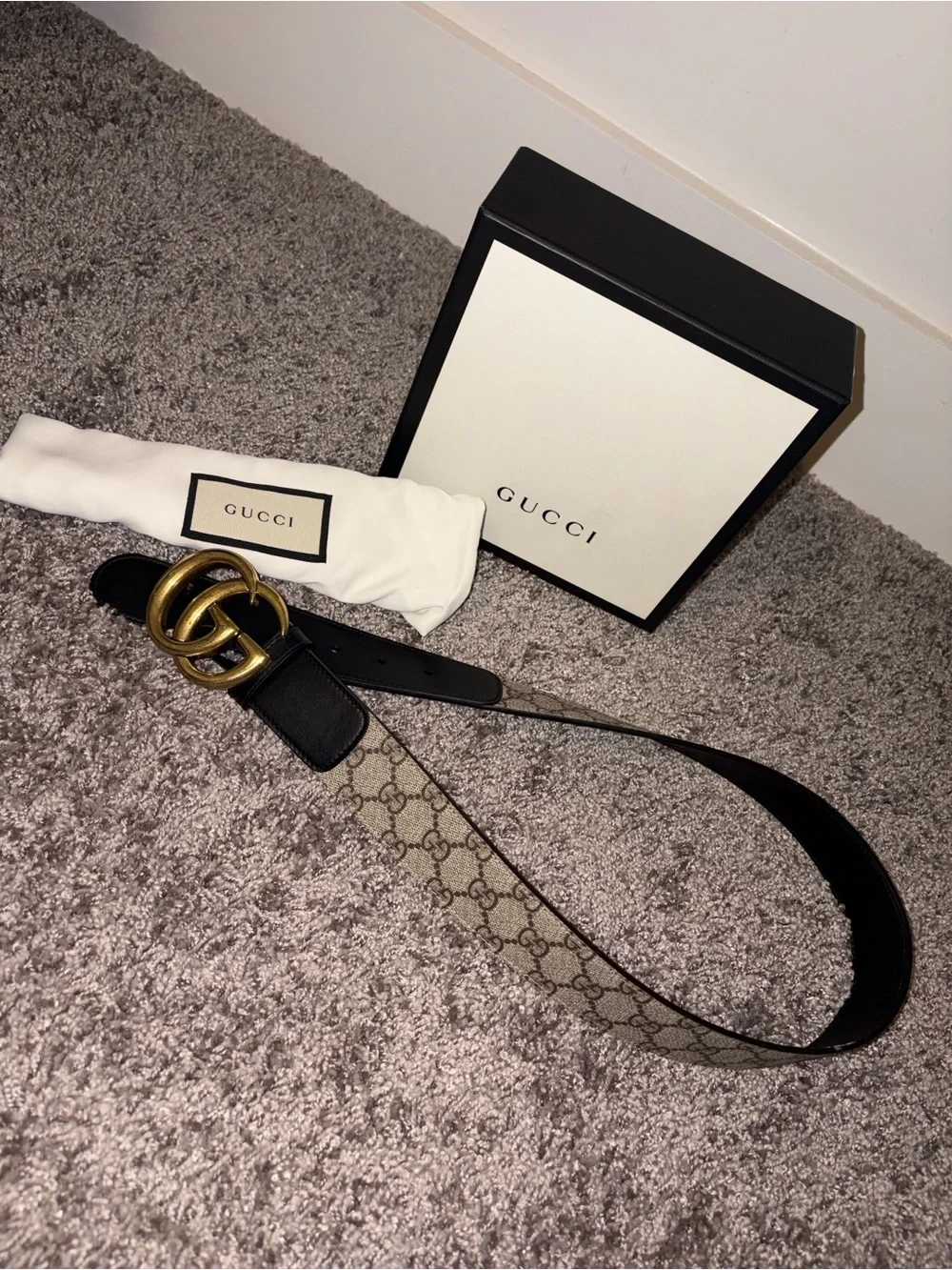 Gucci Brown Monogram & Black Leather Belt with Gold Double G Buckle
